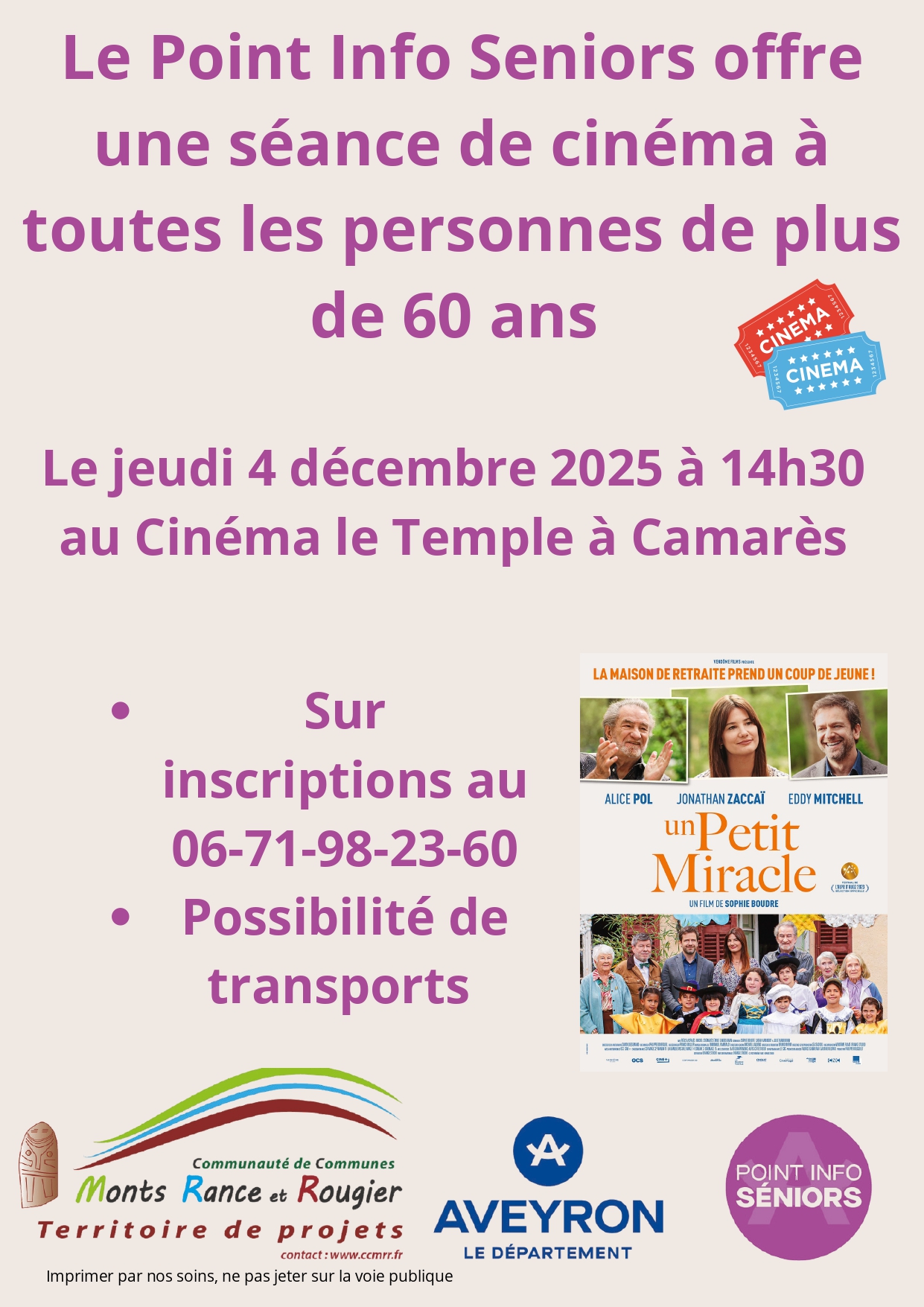Lire la suite à propos de l’article Cinéma : séance gratuite (+60 ans)